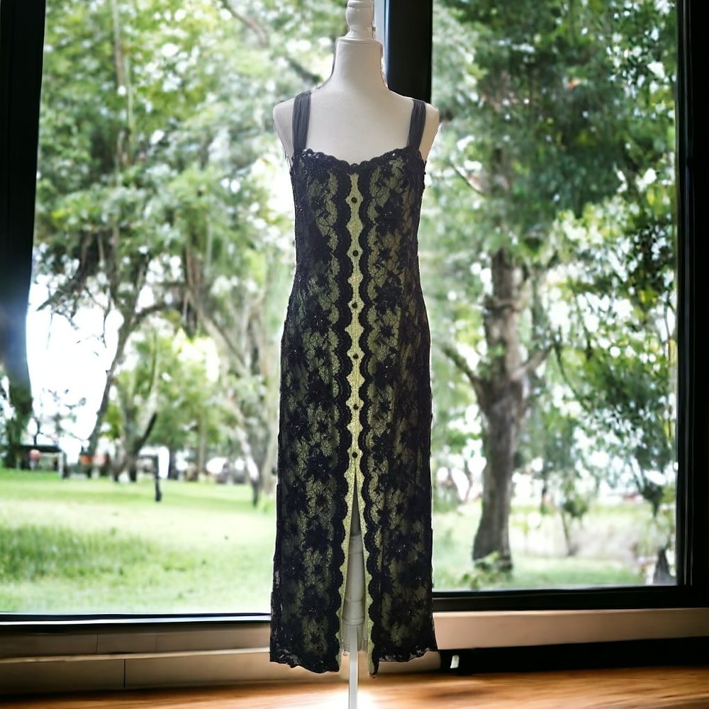 HANDMADE Long Evening Gown in Lime Green and Black with Lace Overlay